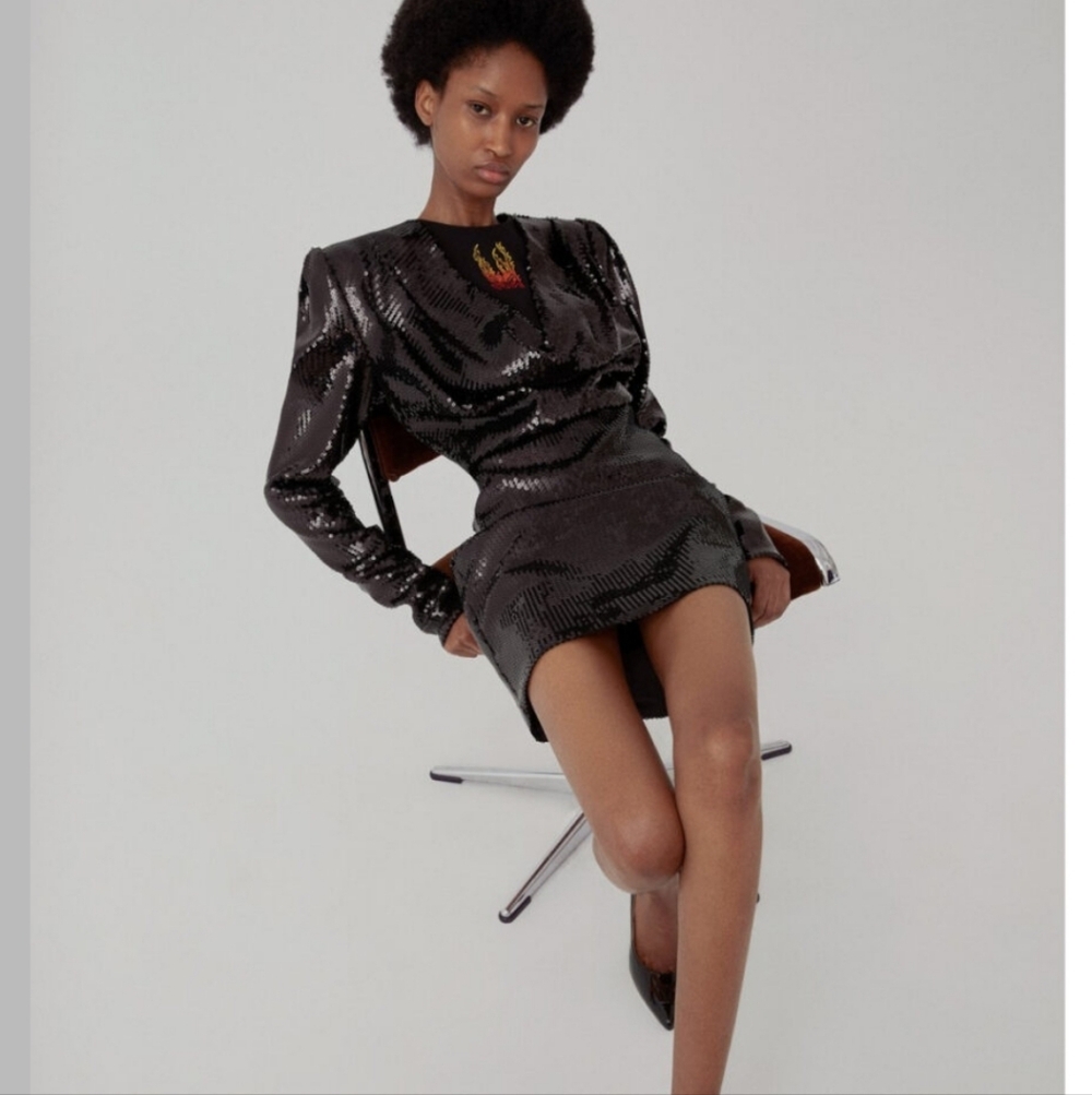 Marcell Von Berlin sequin puff shoulder sequin black long sleeve mini dress 2